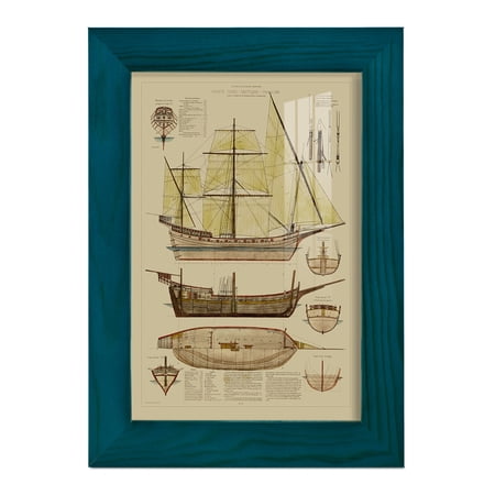 Wexford Home Antique Ship Plan II -Framed Print w/glass-Ocean Blue