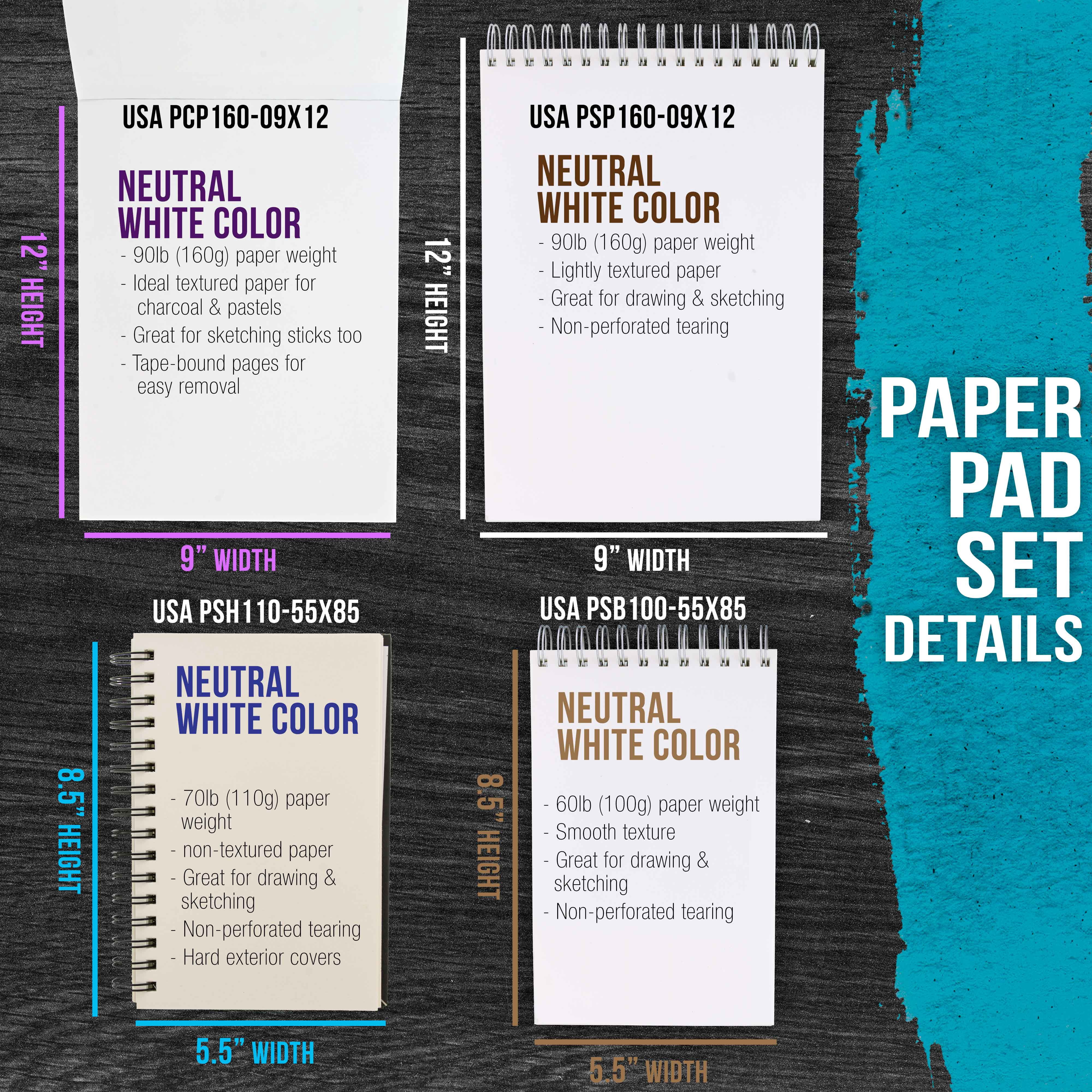 U.S. Art Supply Set of 4 Different Styles of Sketching and Drawing Paper Pads (242 Sheets Total) - 2 Each 5.5" x 8.5" and 9" x 12" Premium Spiral Bound Sketch, Draw, Charcoal Pencil, Mixed Media Pads