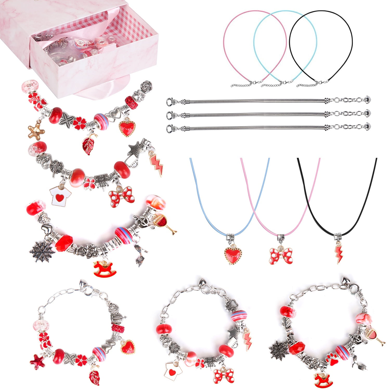 DIY Charm Bracelet Making Kit 66Pcs Jewelry Making Kit Perfect Crafts Gifts Birthday with Gift Box for Girls  5 6 7 8 9 10 11 12 Years Old Red