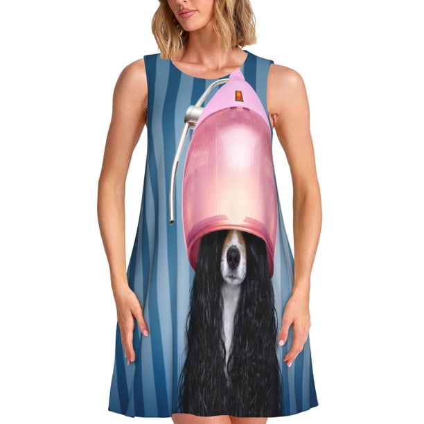 Fotbe Dog in Hairdresser Vestido de Verano sin Mangas para Mujer – Vestido Midi Línea A, Estilo Camiseta Floral, Vestido Playero Casual y Fluido
