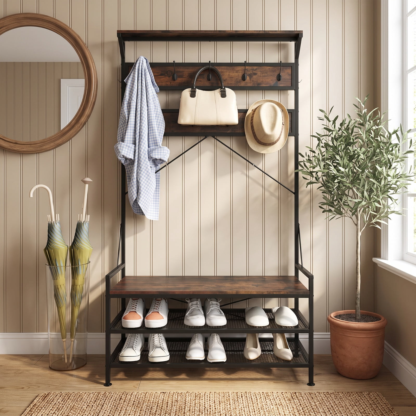 Furnibear 4 in 1 Hall Tree Coat Rack with 11 Hooks and Shoe Bench and Storage Shelf for Mudroom and Entryway, Rustic Brown