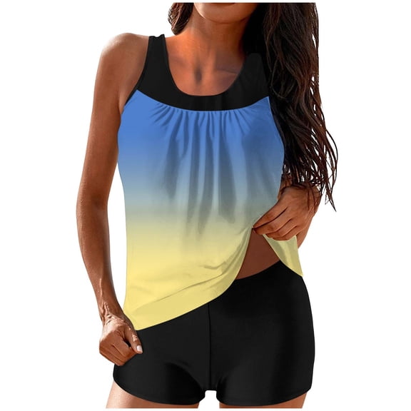 Womens Tankini Bathing Suits Blouson Swim Tank Top with Boy Shorts Two Piece Gradient Color Modest Swimsuit Athletic Swimwear