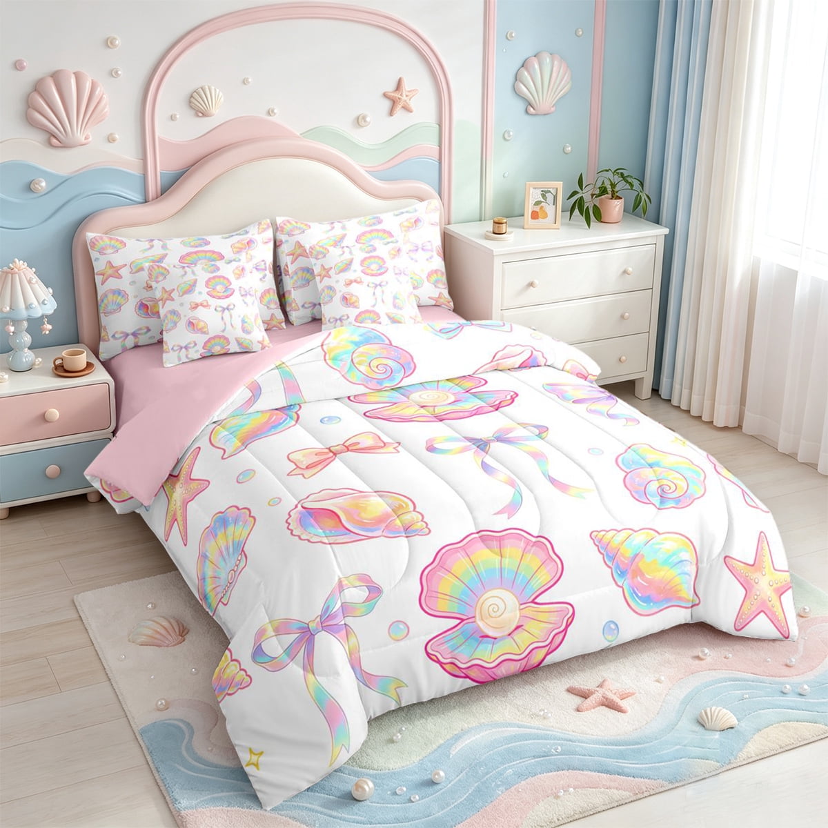 Manfei Colorful Gradient Bow 7-Piece Twin Bedding,Rainbow Conch Stars Bedding Comforter Set,Pink Reversible