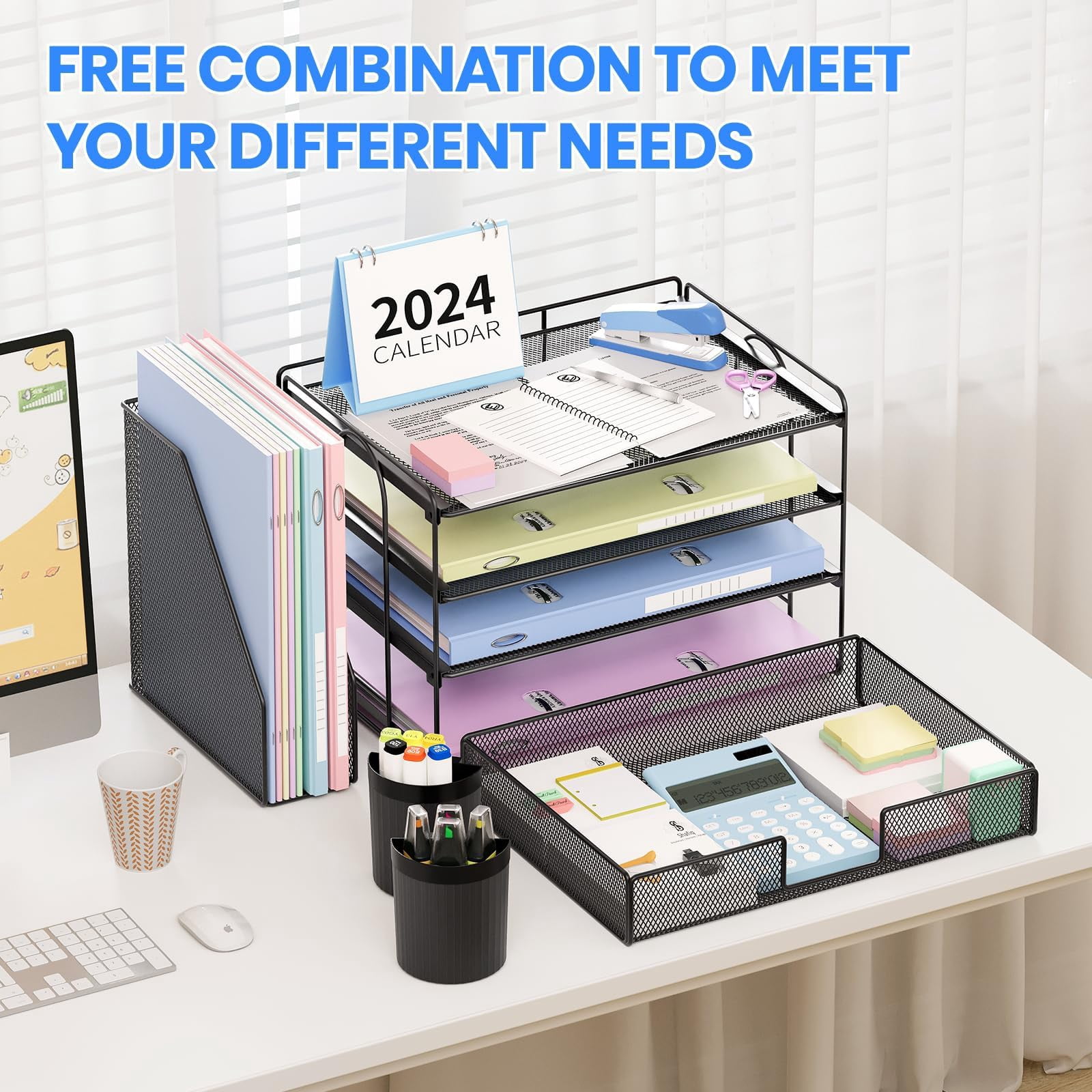 Desk Organizer  4-tier Desktop File With Drawer And 2 Pen Holders Office Accessories Sorters Workspace Organizers For Supplies(black-2pack)