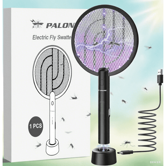 Electric Fly Swatter, 4000V 2 in 1 Bug Zapper Racket with 1200mAh Battery Rechargeable Mosquito Killer Lamp with 3 Layers Safety Mesh for Indoor and Outdoor (Black)