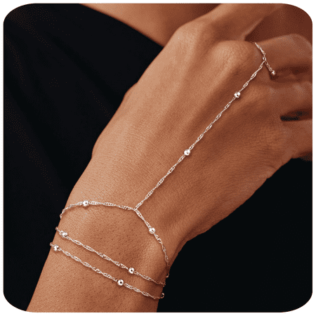 ELESMILO Silver Hand Chain Bracelets for Women Set - Dainty Silver Plated Finger Ring Bracelet Stack Adjustable Hand Chains Durable Beaded Bracelets Trendy Simple Jewelry Gift for Women