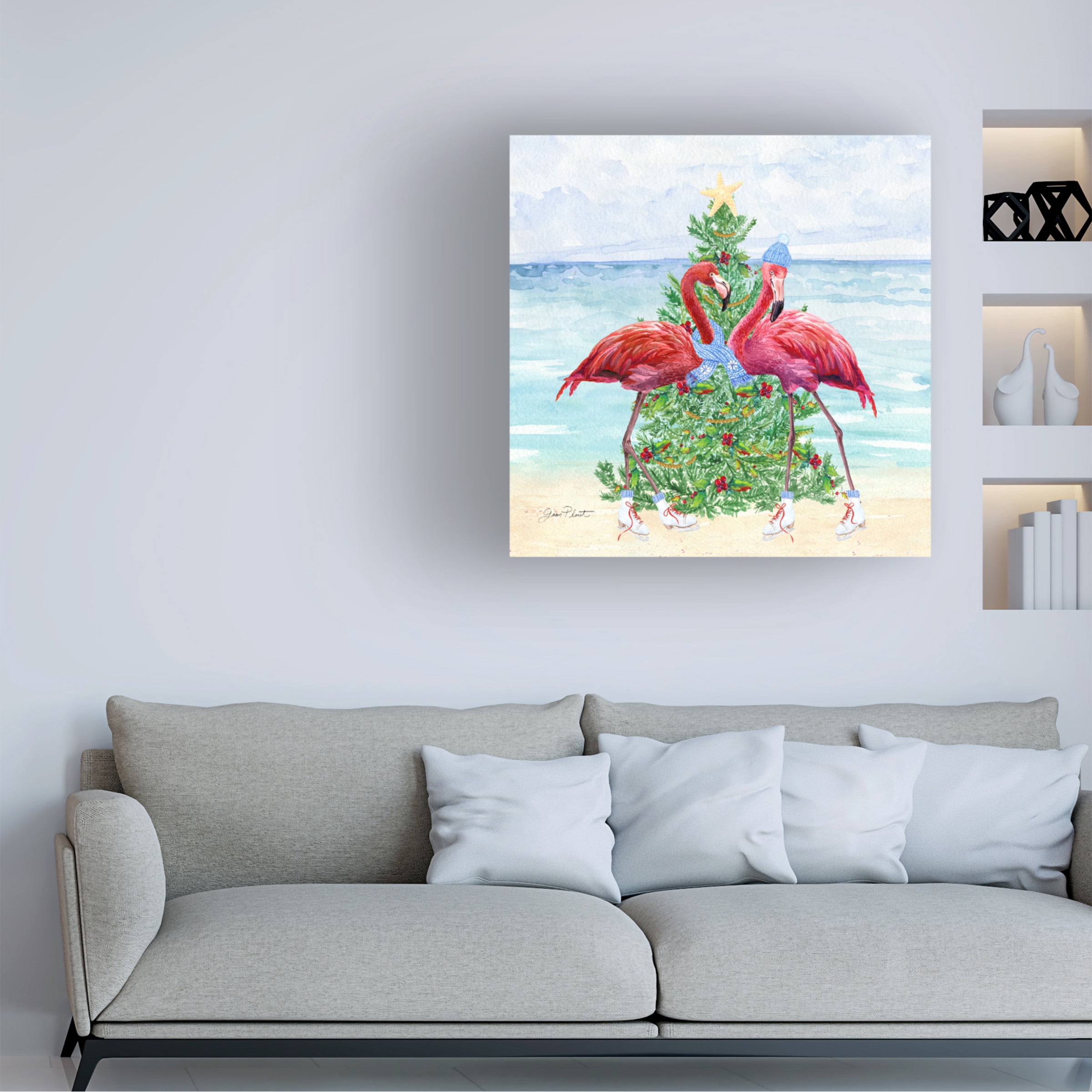 Canvas Wall Art - Jean Plout 'Coastal Christmas Flamingos A' Wall Art for Living Room, Bedroom, or Office DÃ©cor by Trademark Fine Art - 18 x 18 Inches
