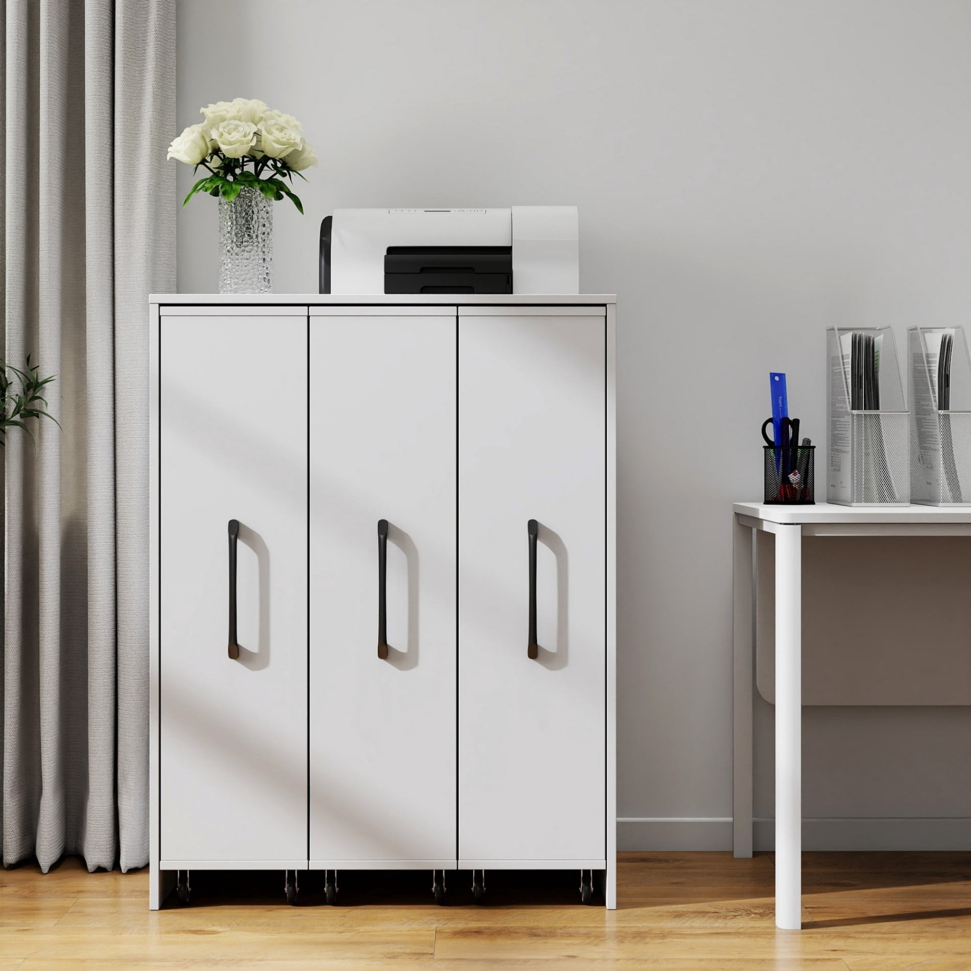 3 Tier Bookcase with Pull-Out Shelves, Sliding Storage Cabinet with 3 Hidden Doors, Floor Standing Wooden Bookshelf Organizer for Office, Bedroom, Living Room, Space Saving Cabinet, White