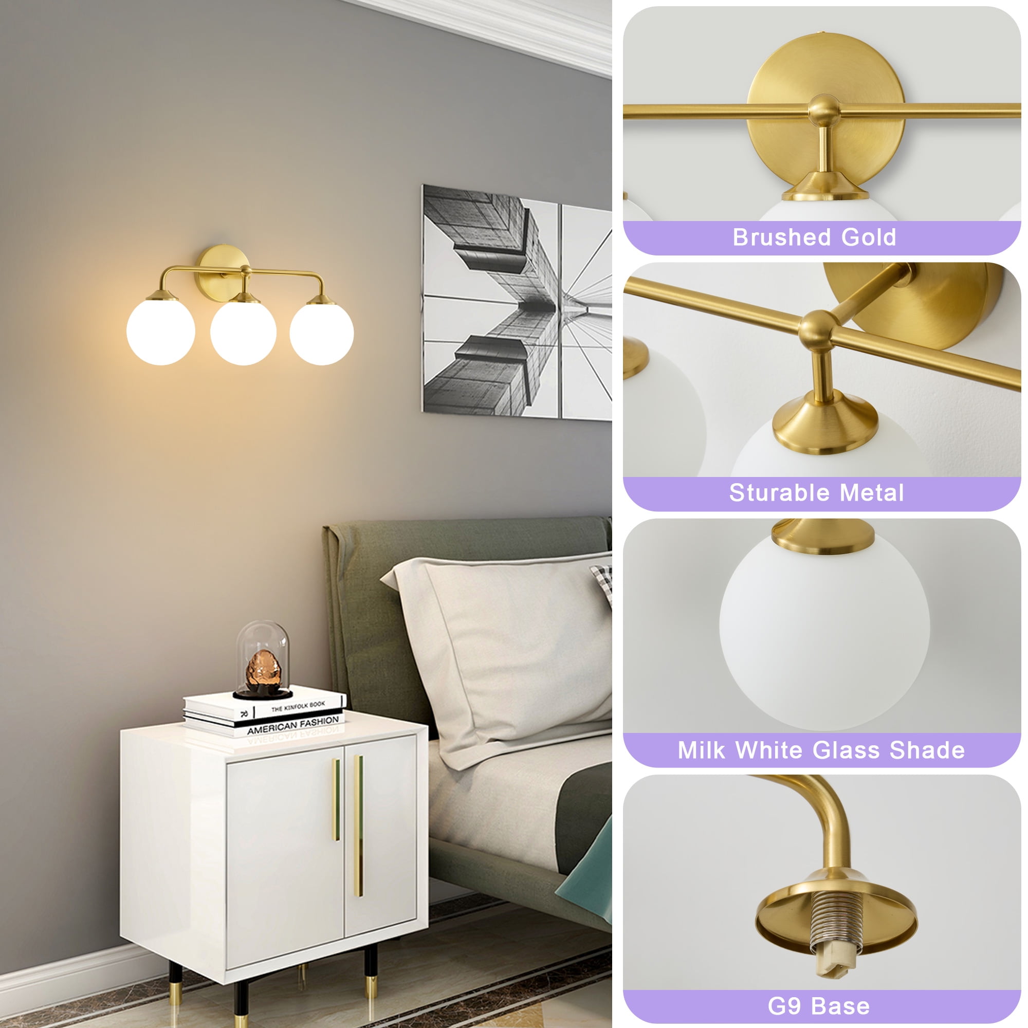Deyidn Modern Vanity Light Gold 3-Light, 18.89" Bathroom Light with Milk White Glass Shade for Soft Lighting, Damp Rated Fixture for Bath, Powder Room