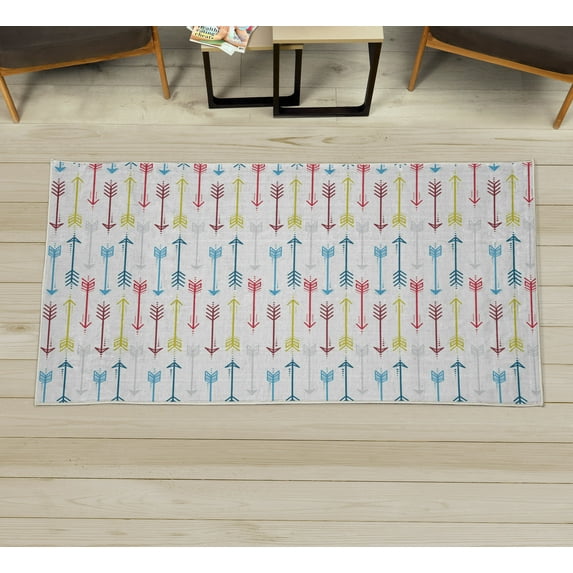 Boho Decorative Rug, Retro Arrow Pattern in Horizontal Line Heading to Opposite Directions Art, Quality Carpet for Bedroom Dorm and Living Room, 6 Sizes, Red Yellow and Blue, by Ambesonne