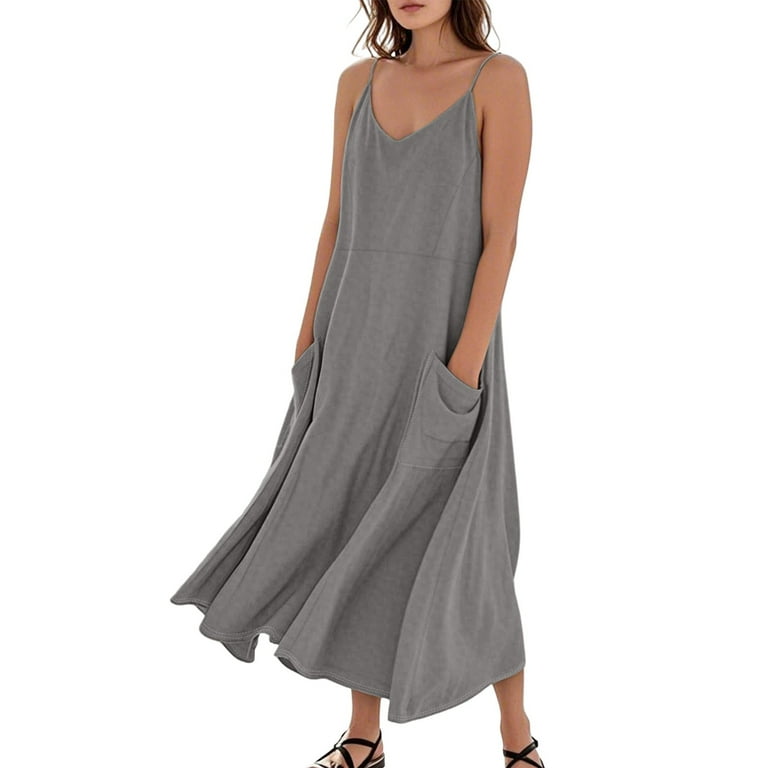 WTOBBY Women's Summer Dress Casual Loose Long Beach Vacation Dresses  Sleeveless with Pockets, Solid Color for Easy Breezy Style,Gray L -  Walmart.com