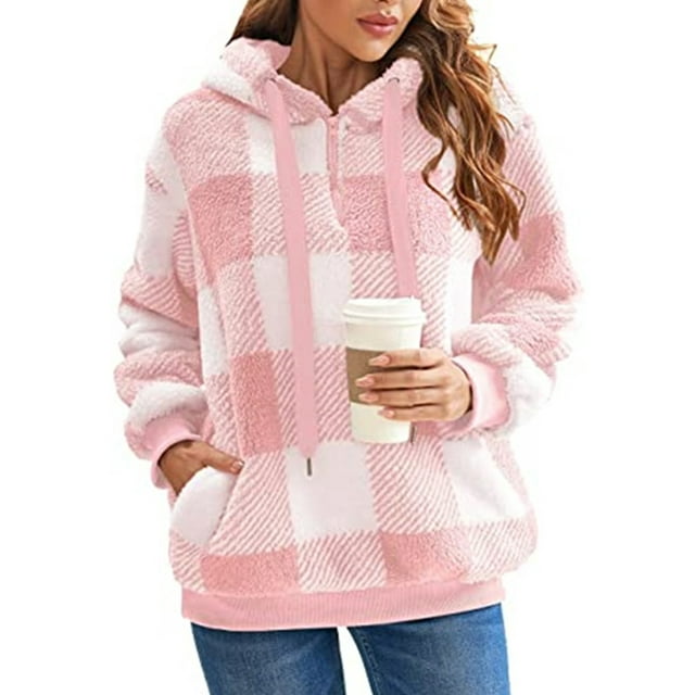 Bellella Chandail à Capuche pour Femmes, Manches Longues, Confortable, à Carreaux, Rose 3TG