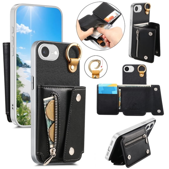 Lunvic Wallet Case for iPhone 16e/17e with Zipper Pocket Card Slots Cash Holder Magnetic Kickstand Metal Ring Buckle PU Leather Cover, Black