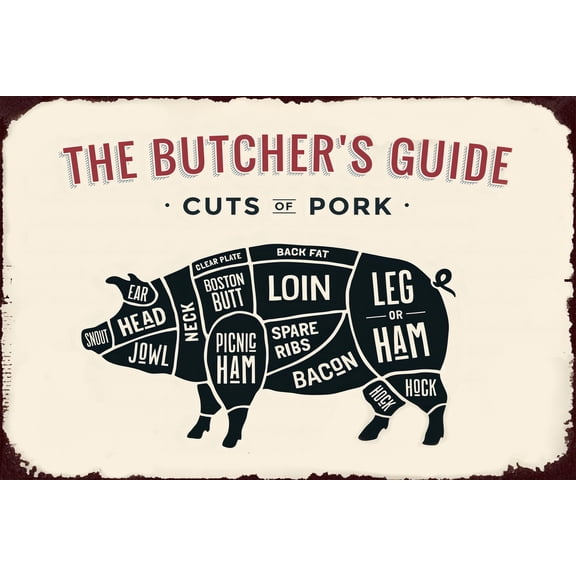 Butcher's Guide Curts of Pig Metal Tin Sign Family Farmhouse Wall Kitchen Decoration 8x12 Inches
