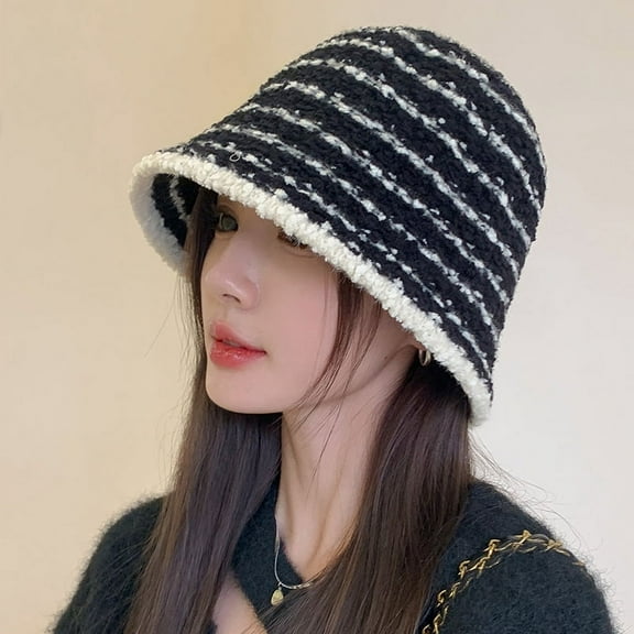 SikaFu Autumn And Winter New Bucket Fisherman Hat Lady Fashion, Simple Striped Warm Hat, Version Of The Face Face Small Knitted Hat