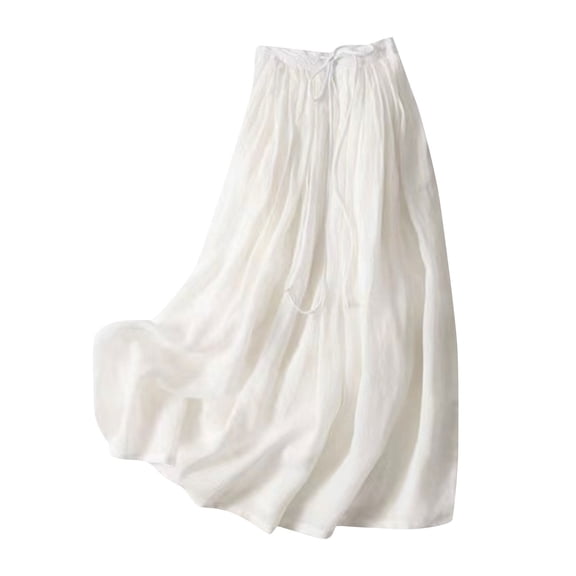 Npasoilc Linen Maxi Skirt for Women High Waist Elastic A-Line Flowy Skirt Casual Loose Half-length Long Skirts