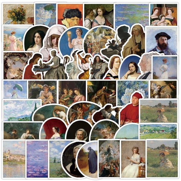 Paquete de pegatinas de pintura al óleo clásica, 50 piezas, obras maestras de arte