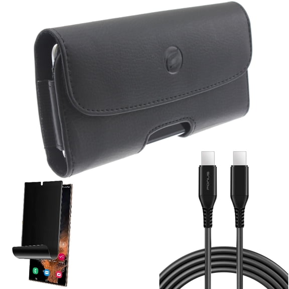 Case Belt Clip & Privacy Screen Protector & 10ft Long USB-C Cable for Samsung Galaxy S22 Ultra (6.8") - Combo Leather Holster Cover & TPU Film (Fingerprint) Anti-Peep & PD Fast Charger Cord Power