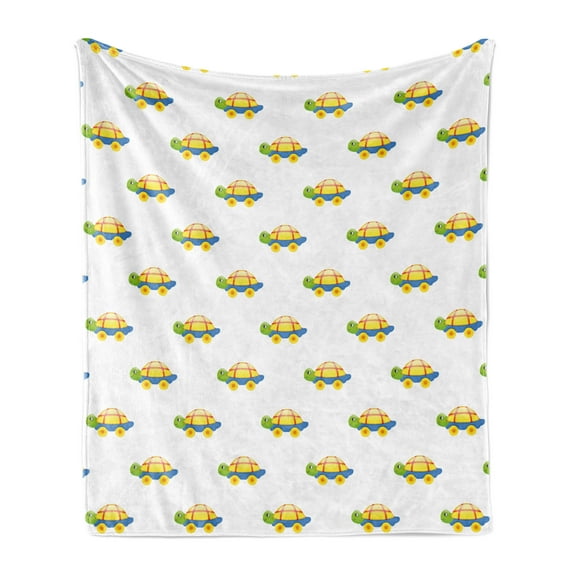 Turtle Soft Flannel Fleece Blanket, Repetitive Style Childish Design Animal on Wheels on a Plain Background, Cozy Plush for Indoor and Outdoor Use, 70" x 90", Yellow Green and Blue, by Ambesonne