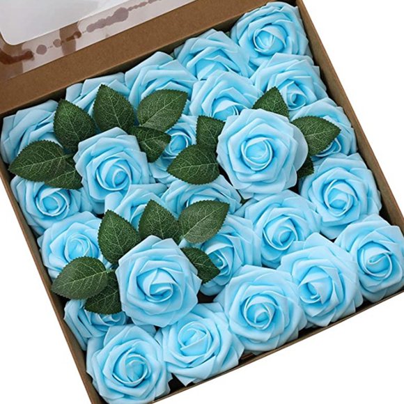 Rosa artificial de espuma de PE azul, rosa de simulación falsa con hoja y tallo