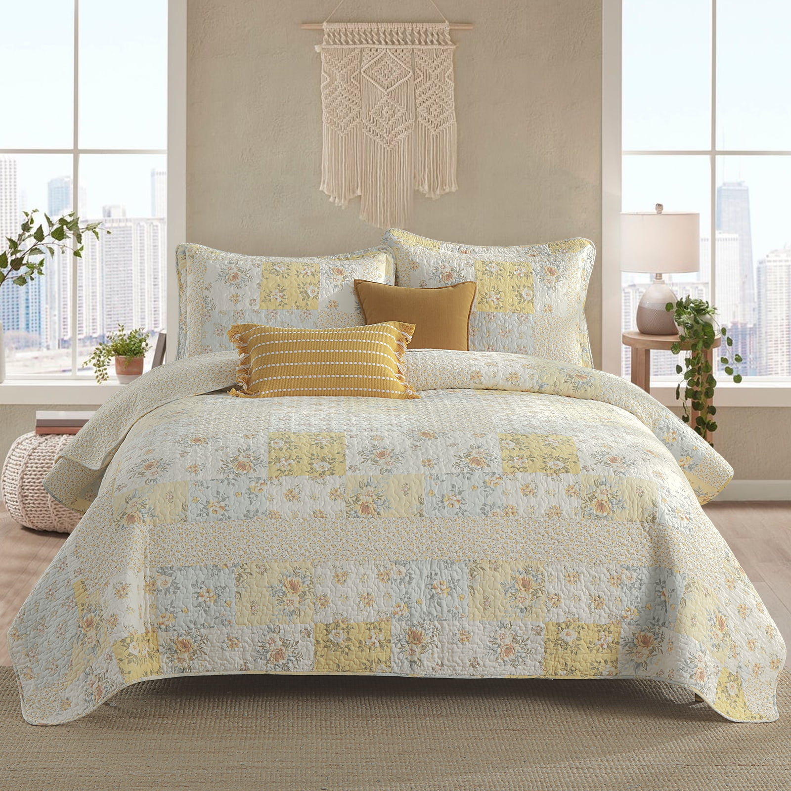 PANGUSHAN 100% Cotton 120"x120" Oversized California King Bedspread Coverlet Quilt Set, Cal King Quilted Bedspread Extra Large Wide Quilt, Floral XL Bed Spread Lightweight Comforter, Yellow/Cream
