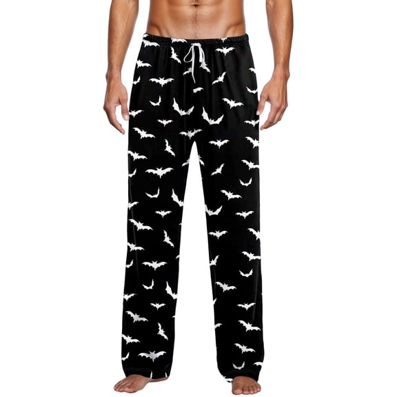 Tisuna Halloween Pajamas Pants For Mens Bat Print Elastic Waist Bottom Casual Sleepwear Pants Fashion Theme Party Bedtime Wear Trousers Size L