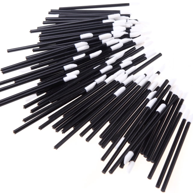 Cepillos labiales desechables de felpa, 100 unidades, cabezal blanco y mango negro, tamaño de 9 cm, prácticos y sanitarios para un solo uso.