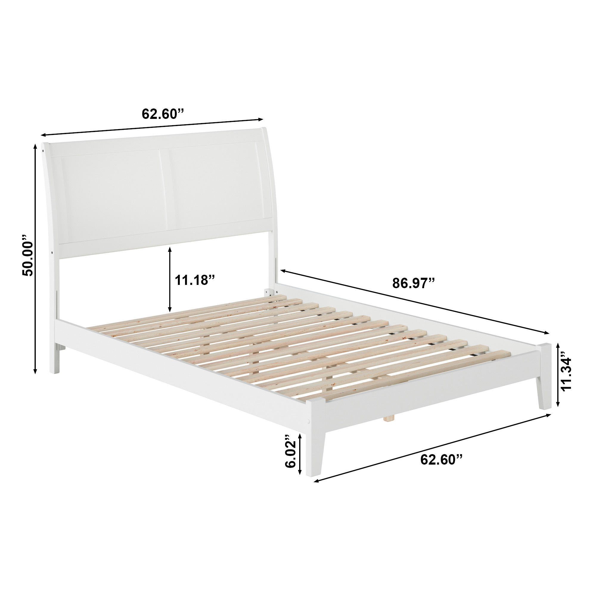 AFI Portland Queen Low Profile Wood Platform Bed Frame with Sleigh Headboard, White