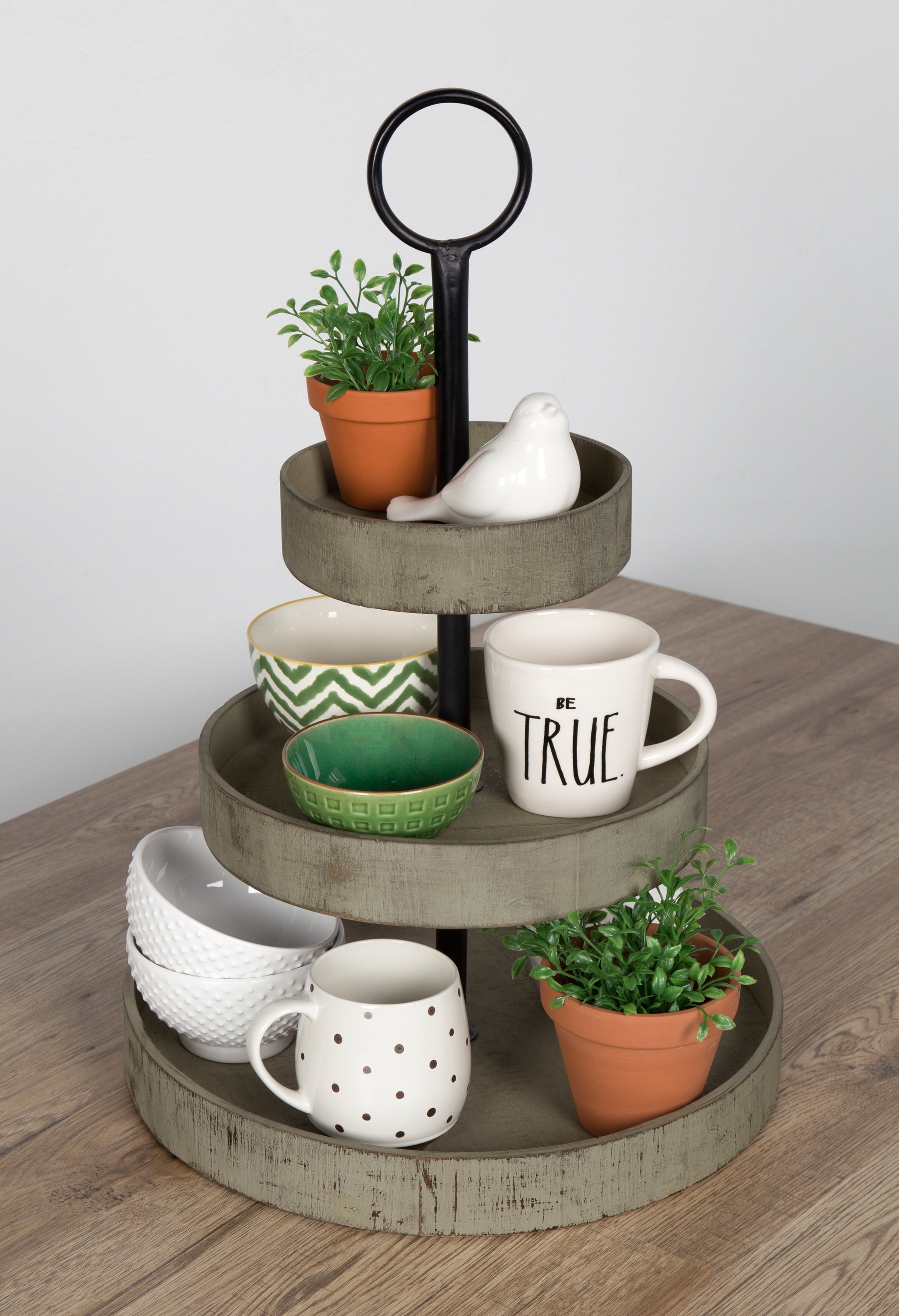Kate and Laurel Woodmont Decorative Rustic Farmhouse 3 Tiered Wood Tray, Gray