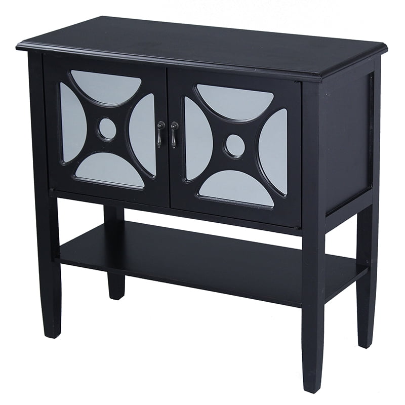 Black Wood Mirrored Glass Console with 2 Doors, a Shelf and