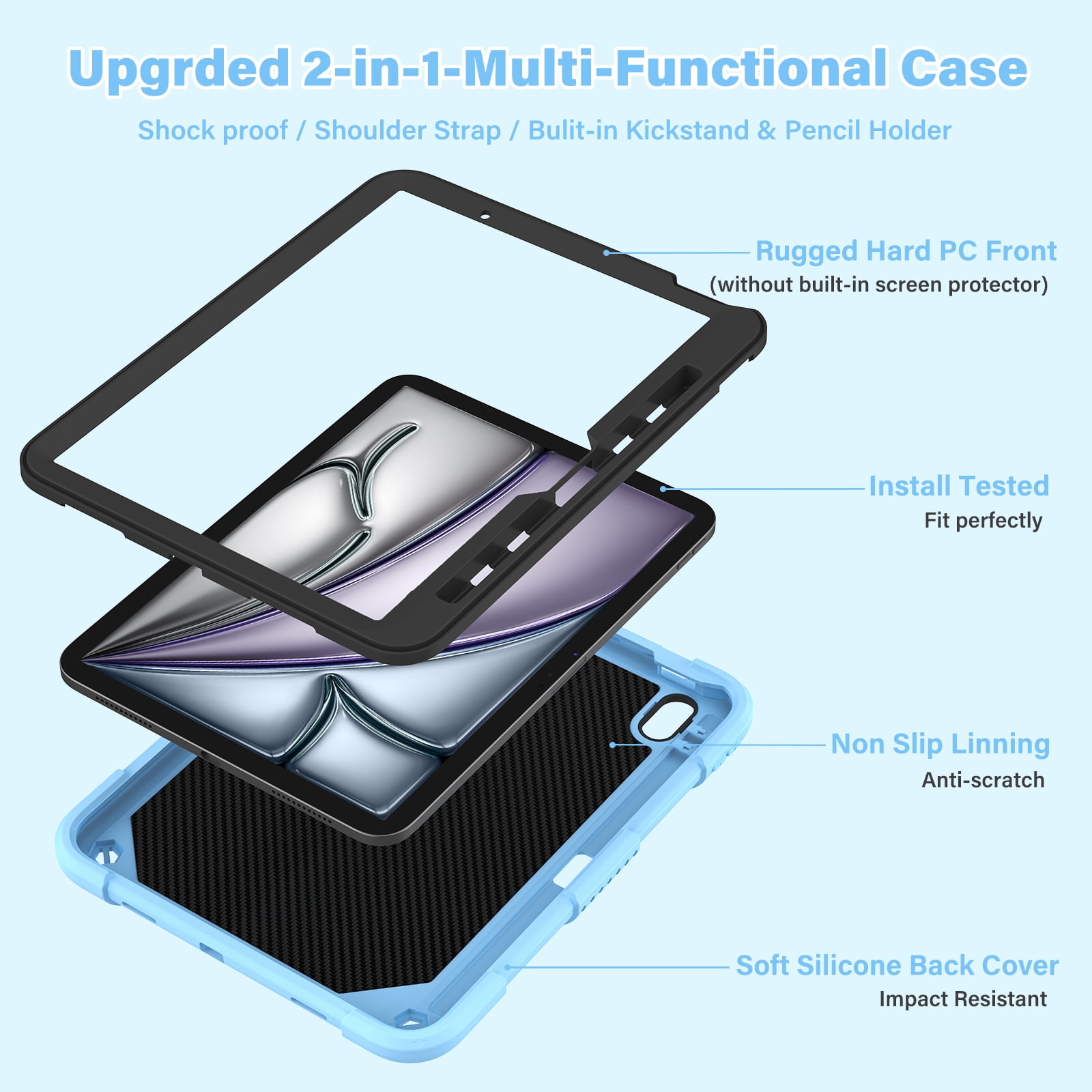 For iPad A16 11th 10th Generation 2025/2022 Case, Rugged Hybrid Cover with Butterfly Wings Hidden Kickstand Pencil Holder Adjustable Shoulder Strap Drop Resistant Anti-Scratch Fashion Case,Blue