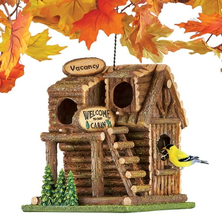- Hanging Northwoods Log Cabin Birdhouse with Chain and Hook - Hand Painted Birdhouse with Three Bird Entry Holes and Back Access Door for Easy Cleaning