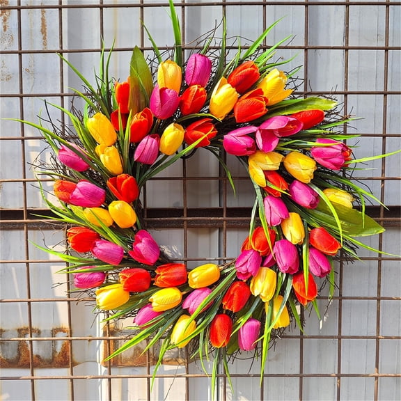 Goowood Spring Flower Garland Artificial Tulip Wreath Mothers Day Easter Decor Front Door Spring Decorations for Home Indoor Outdoor