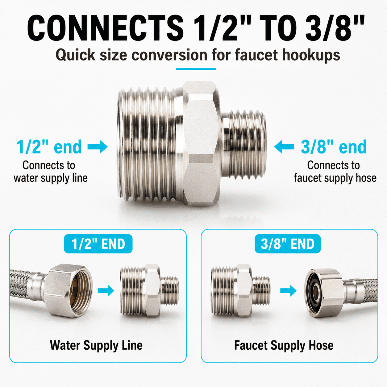 1/2 to 3/8 Reducer Faucet Adapter - Compression Brass Pipe Fitting, 3/8 Male to 1/2 Male Supply Line Adapter for RV Kitchen Plumbing, Water Hose Pipe Connector with Rubber Washer, (2 Pack)