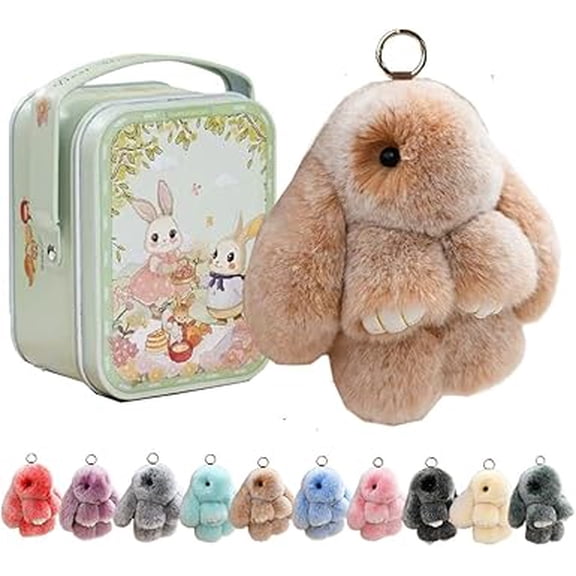 Handmade Plush Bunny Keychain with Tin, Soft Fluffy Rabbit Charm, Easter Gift, Cute Cartoon Animal Pendant