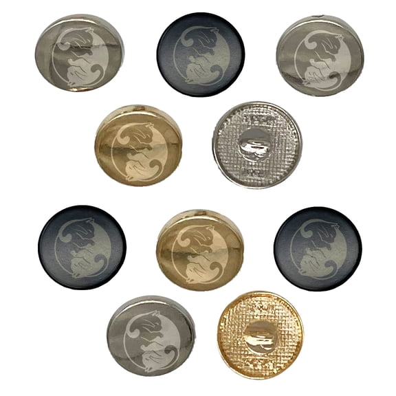 Yin and Yang Cats Curled Up Together Set of 10 Metal 0.6" (15mm) Sewing Shank Round Buttons - Silver Color