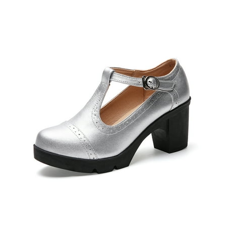 

Kesitin Women Anti-Slip Chunky Block Heel Oxford Pumps Party Fashion Lightweight Round Toe Dress Pump Shoes Silver 8.5