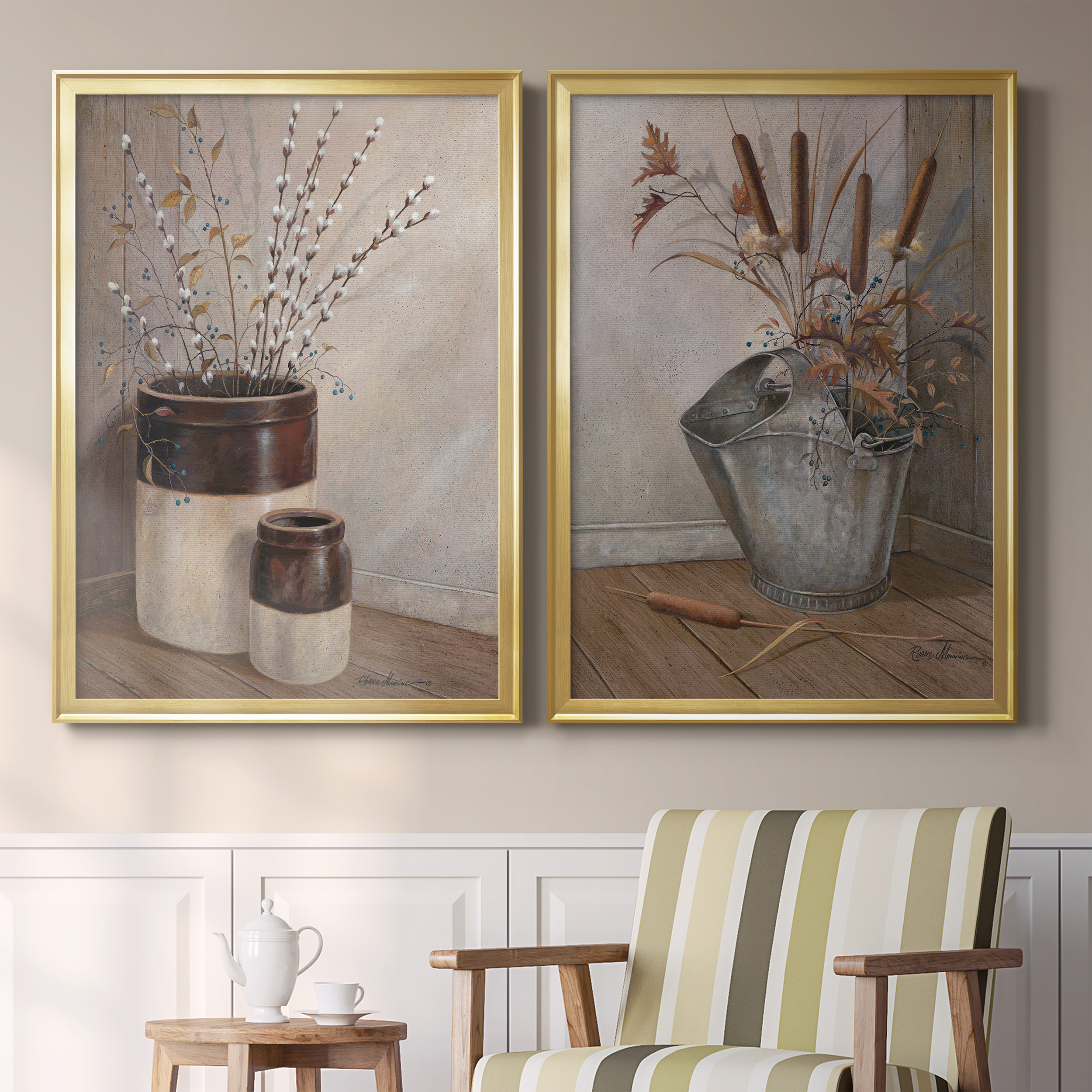 2 Piece Set Pussywillows & Spring Premium Framed Canvas - Ready to Hang - 26.5 x 36.5 Each - Gold Frame
