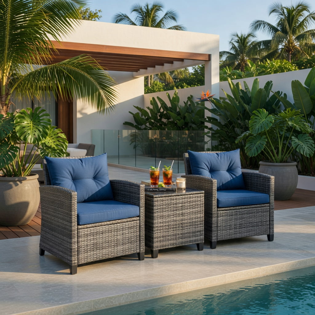 Hommoo 3-Piece Outdoor Wicker Conversation Set, PE Rattan Sofa Set with Tempered Glass Coffee Table, Weather-Resistant Patio Furniture for Backyard, Poolside & Garden, Navy