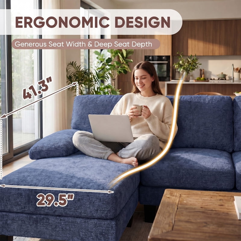 Vineego 105" Cloud U-shape Sectional Sofa Modern Modular Oversized Couches for Living Room,No Assembly Required,Loop Yarn Blue