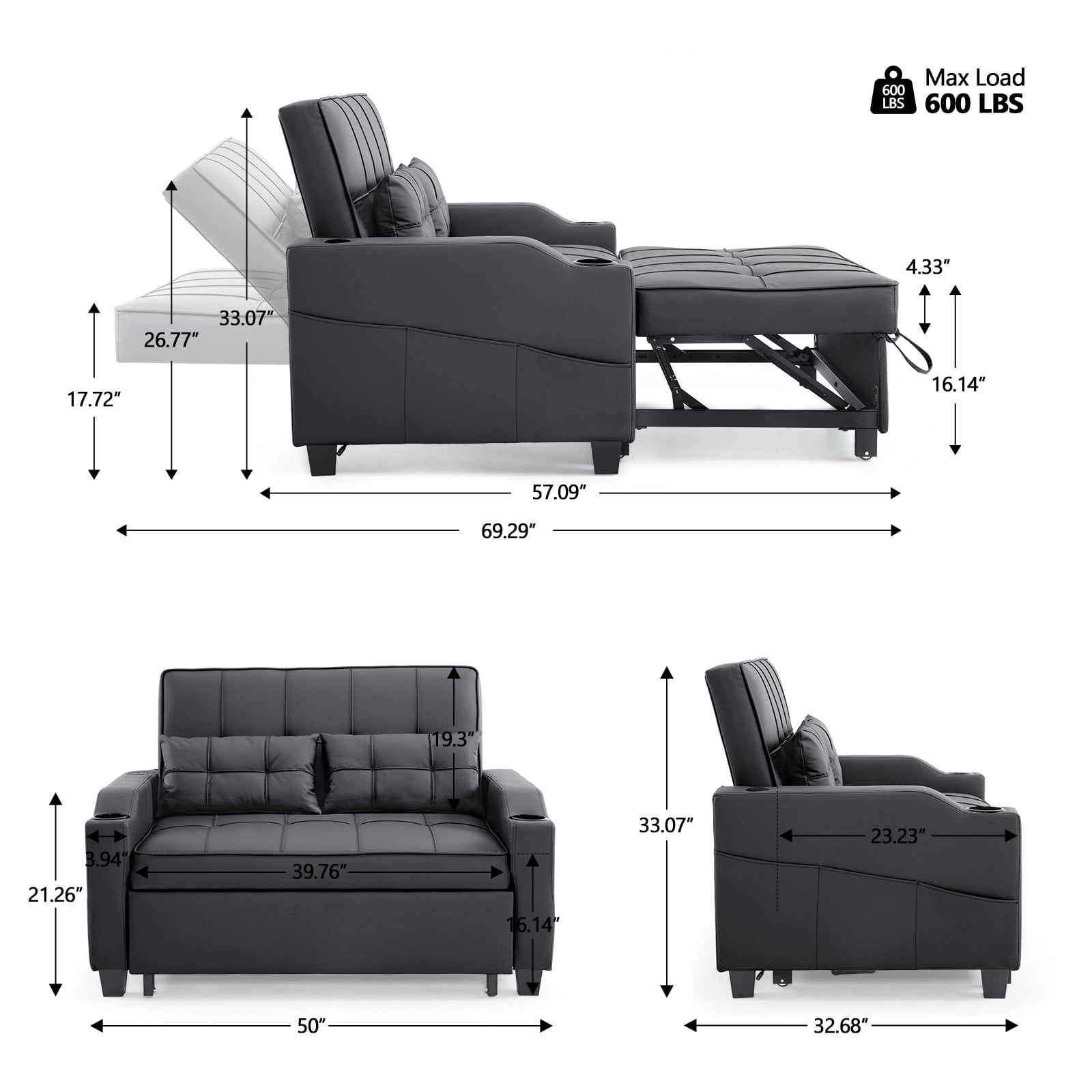 Ktaxon Faux Leather Loveseat Sofa Bed with Side Pockets, Adjustable Backrest Lounge for Living Room, Game Room Black