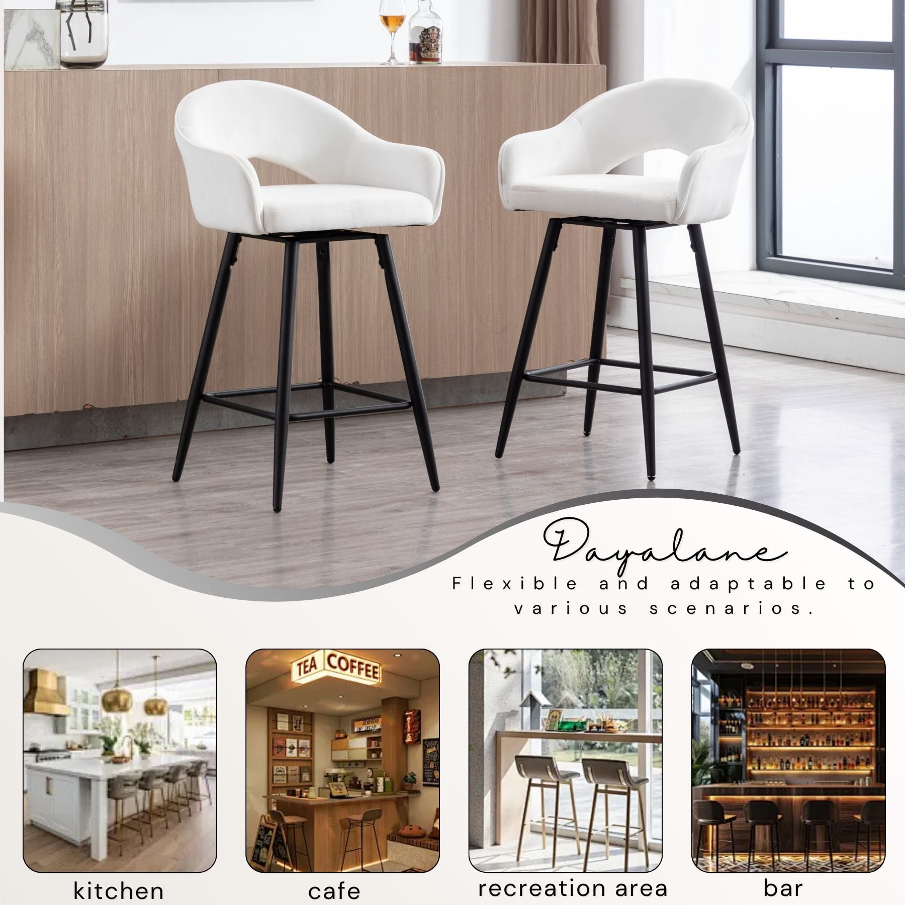 27" Modern Swivel Bar Stools Set of 2, Velvet Counter Height Stools with Metal Legs, Hollow Curved Backrest for Kitchen Island, Home Bar, Bistro, Cream White