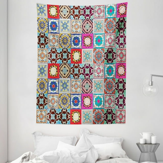 Moroccan Decor Wall Hanging Tapestry, Collection of Ceramic Mosaic