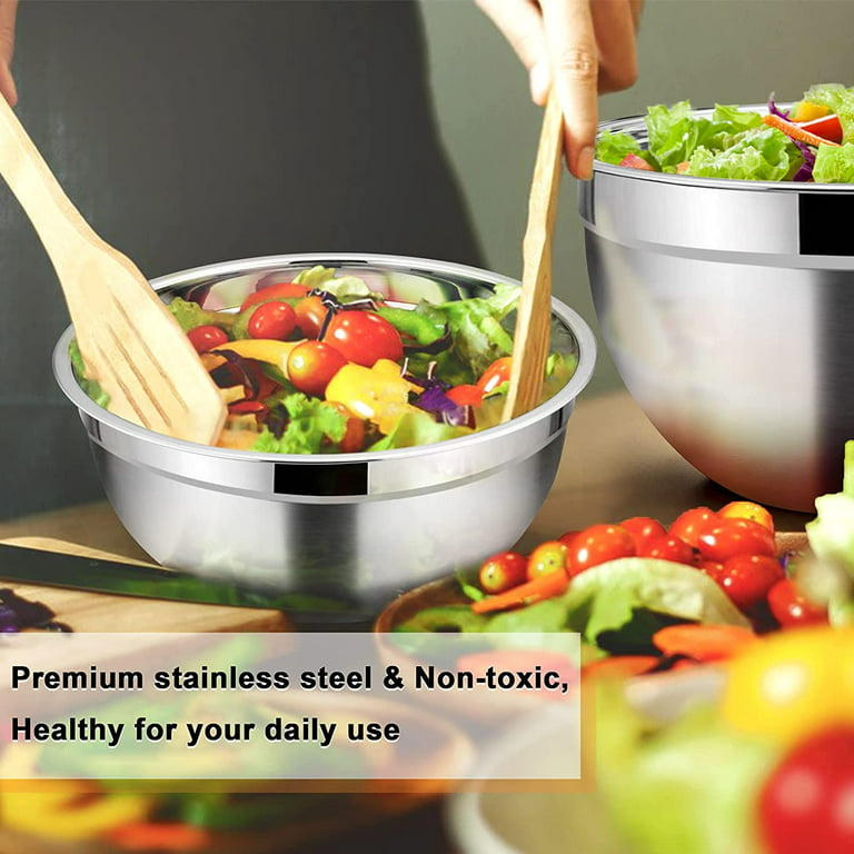 Mixing Bowls, 5 / 3 / 1.5 Qt, Stainless Steel Mixing Bowls Salad Metal Bowl  with Lids & 3 Graters, Long Handle & Pour Spout, Healthy & Heavy duty,  Dishwasher Safe