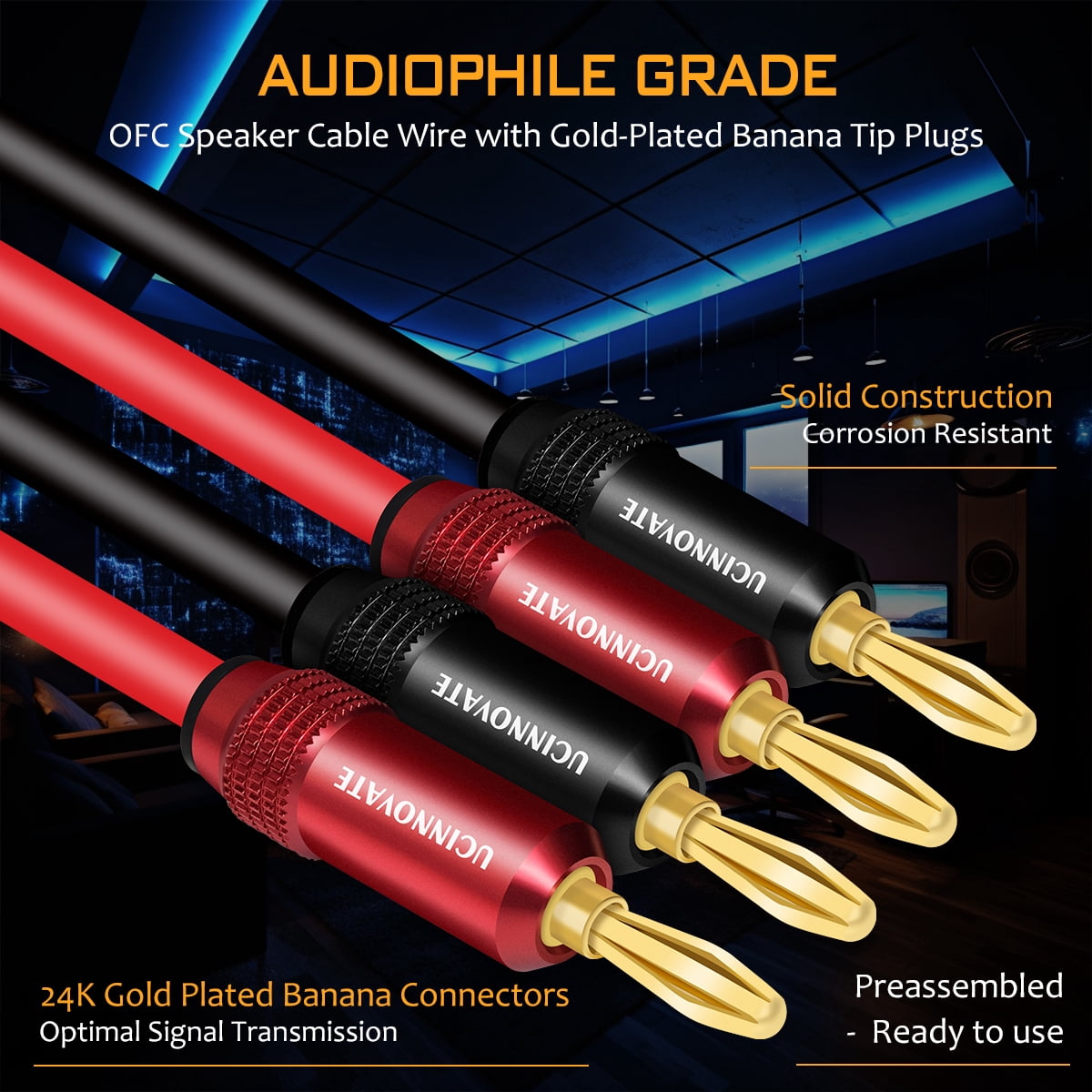 UCINNOVATE 2 Pack Bi-Wire Speaker Cable with Gold Plated Banana Plugs, 13 AWG HiFi OFC Audio Terminal Speaker Wire for Sound System Home Theater, Bi-Amp, Subwoofer, Audiophile(1.5m/4.9FT)