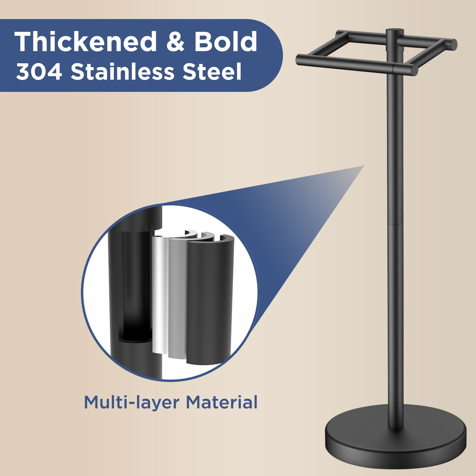 TVOFEK Freestanding Toilet Paper Holder Stand, Toilet Roll Holder Stainless Steel, Post Pivoting Design & Stable Weighted Base, Matte Black