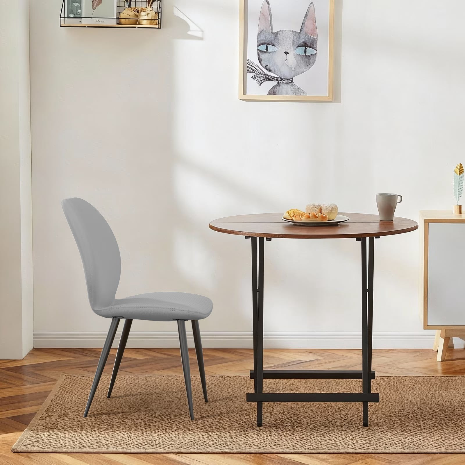 Light Grey Leather Dining Chairs Set of 4, Shell Back Upholstered Kitchen Dining Chairs with Metal Legs for Dining Room, Living Room