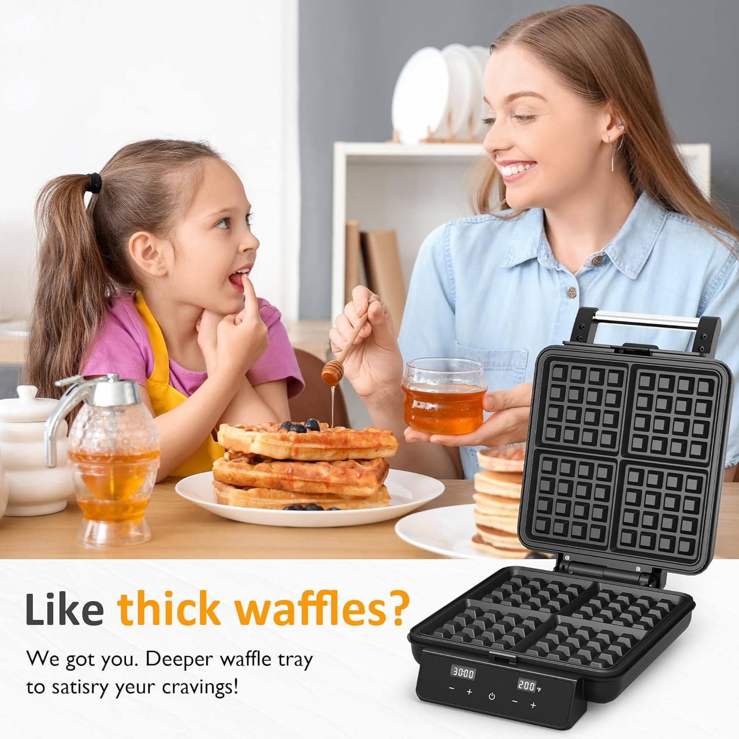 Waffle Maker 4 Slices with Quick Heat-,  & Temperature Control, LCD Display, Nonstick Surface, Stainless Steel, Perfect for Kids and Families