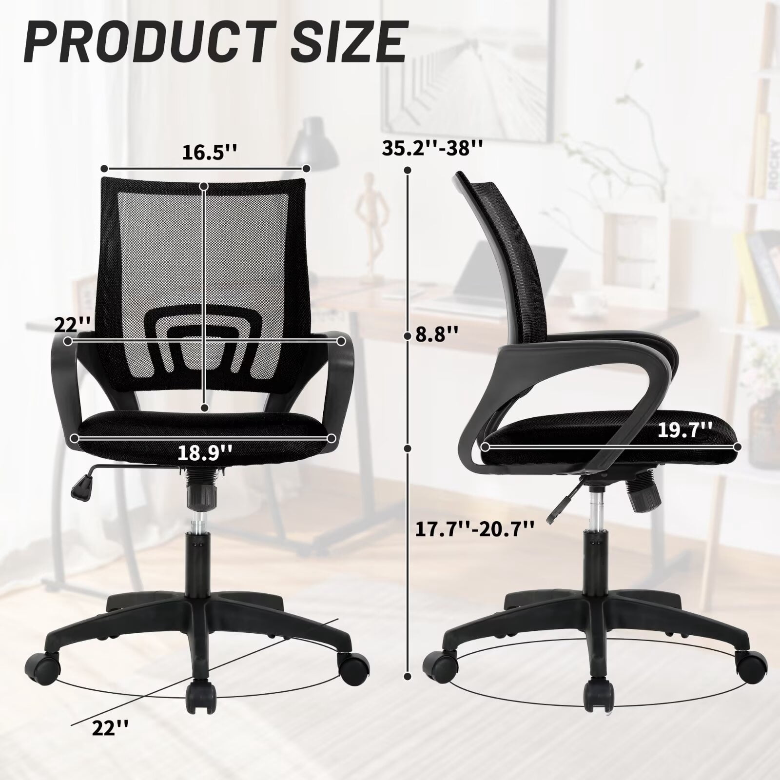 CL.HPAHKL Mesh Office Chair with Wheels, Adjustable Ergonomic Computer Desk Chair with Lumbar Support & Armrest, Comfortable Swivel Rolling Chair for Home Office Work Study, Black