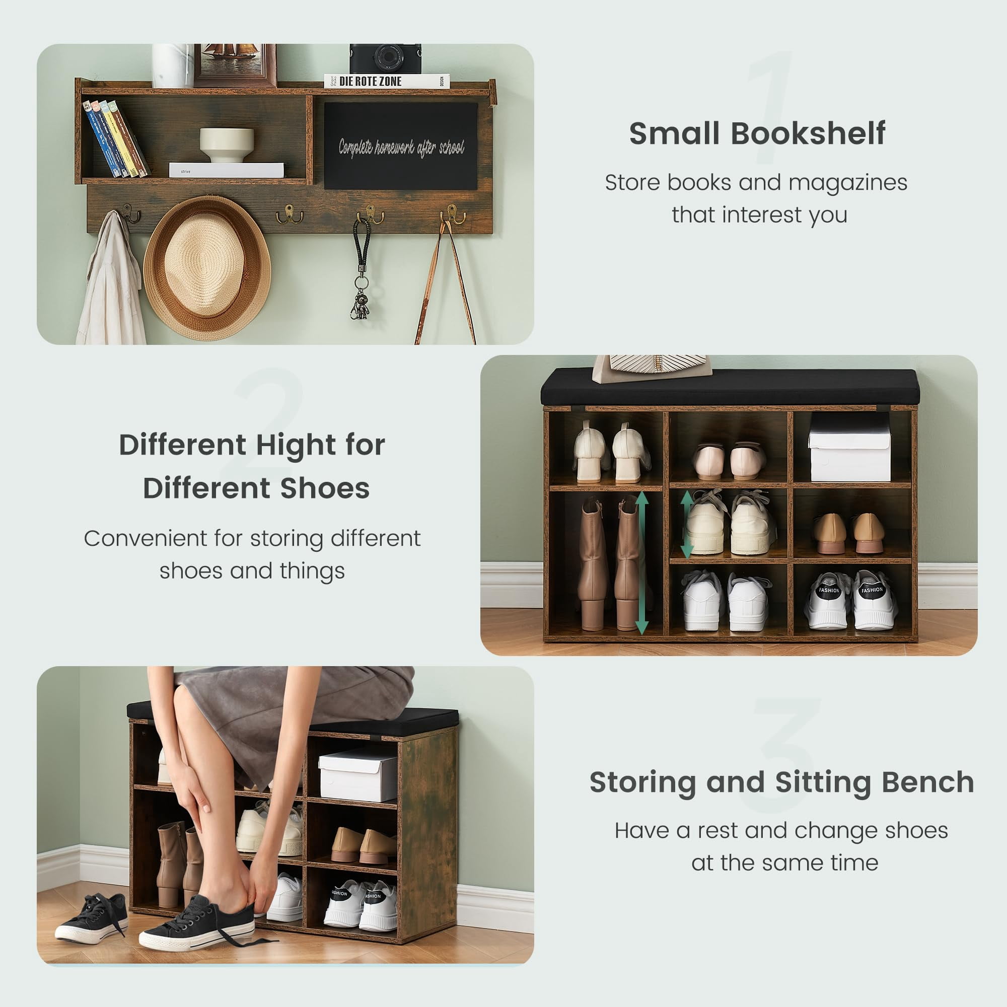 TROPOW Hall Tree Shoe Bench Industrial 6 in 1 Coat/Shoe Rack with 5 Hooks, 9 Storage Cubbies with Bookshelf and Small Blackboard, for Entryway, Hallway, Living Room (Brown, 31.5 inch)